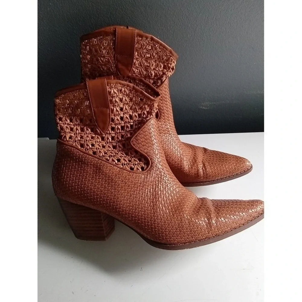 Cognac Woven Crochet Western Ankle Boots Pointed Toe Stacked Heel Brown Booties